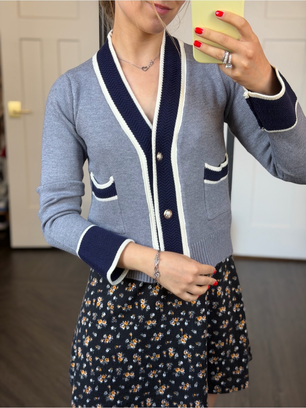 Women's Gray & Navy Contrast Trim Cardigan Sweater